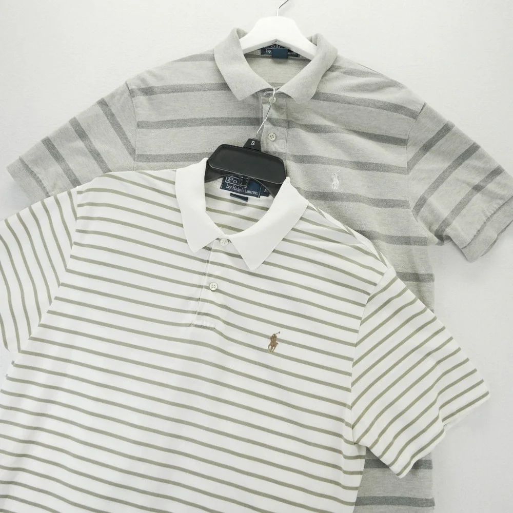 Polo Ralph Lauren Mens Striped Polo Shirts Lot of 2 Grey Olive Green Medium M